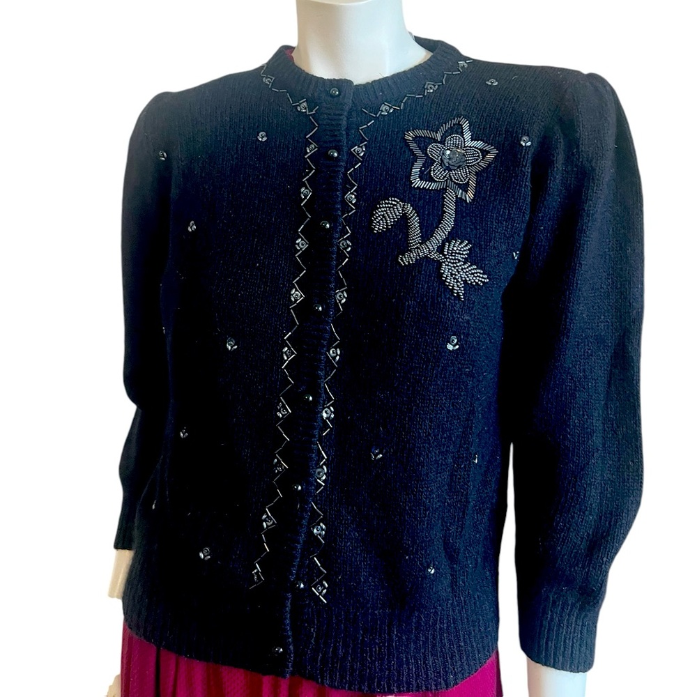 Vintage  Black Marigot Silk Nylon Angora Lambs Wool Beaded Sweater Size Medium
